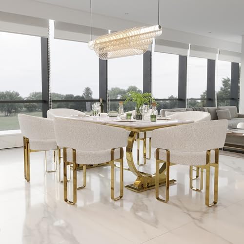 7 Piece Dining Table Set for 6, Luxurious 70" White and Gold Dining Room...