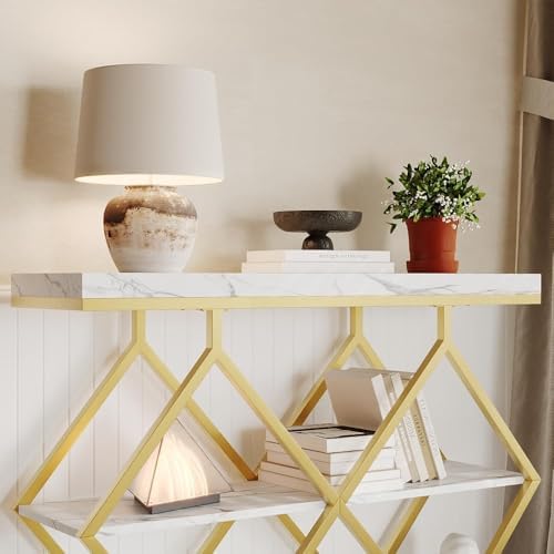 3-Tier Industrial Entryway Table with Diamond-Shaped Metal Frame, Open Shelf ...