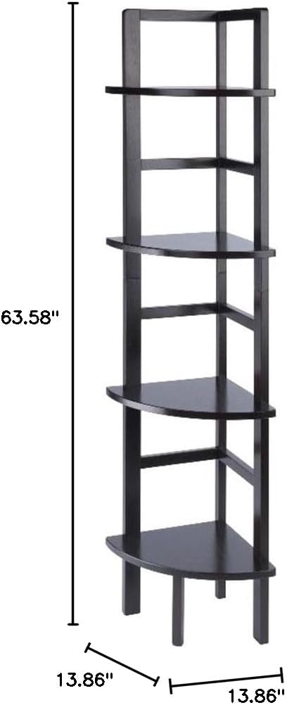 Pemberly Row Corner Solid Wood Baker's Rack, Coffee Finish, 4-Shelf Storage, 63.58" H x 13.86" W x 13.86" D, Space-Saving Transitional Design for Kitchen, Living Room, Dining Room, or Bathroom Use