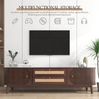 Bellemave Rattan TV Stand for up to 75", Modern Media Console with 2 Cabinets & 2 Drawers, Solid Wood Entertainment Center with Sliding Doors for Living Room, Bedroom (Walnut)