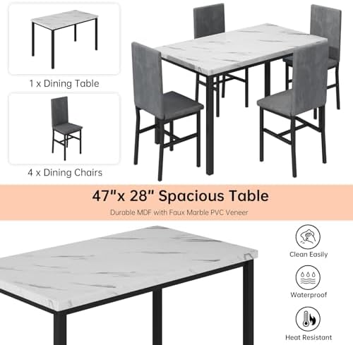 Hooseng 5-Piece Dining Table Set for 4 with Faux Marble Top & Velvet Chai...