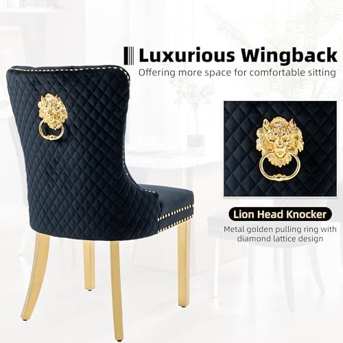 Dining Chairs Set of 6, Golden Metal Legs, Sophisticated Lion Ring, Black