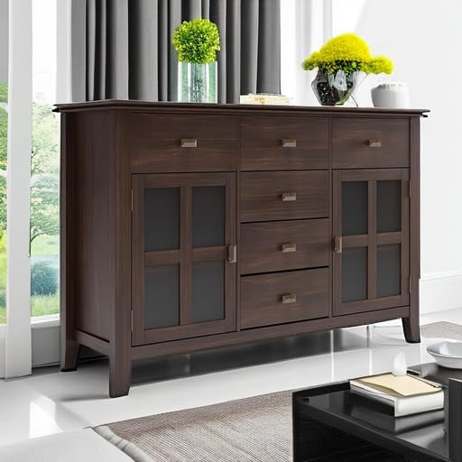 SIMPLIHOME Artisan 54" Wide Solid Wood 3-Door Buffet in Dark Chestnut Brown