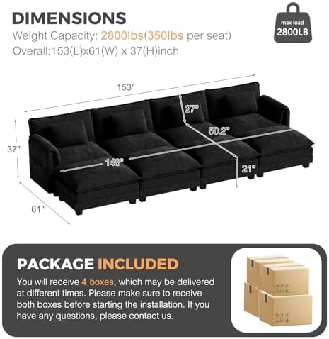 ELUCHANG 153" Oversized Modular Sectional Sofa, Comfy Chenille Cloud Cou...