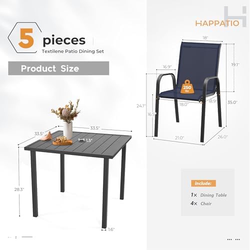 HAPPATIO Outdoor Patio Dining Set, 4 Quick Dry Textilene Dining Chairs and Sq...
