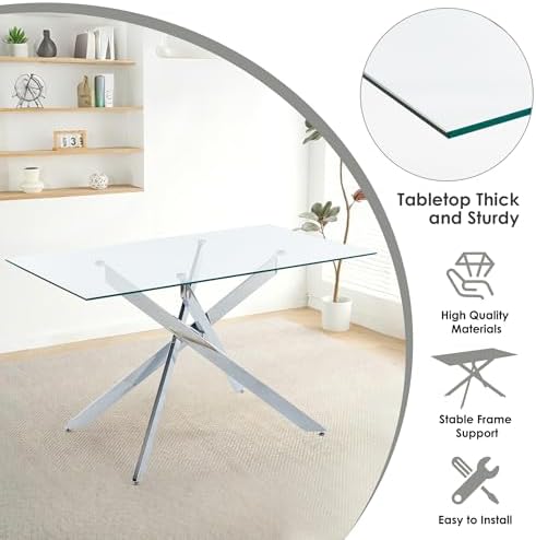 5-Piece Dining Table Set for 4, Modern Rectangular Glass Table with 4 Upholst...