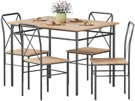 VECELO Dining Table Set for 4, 5-Piece Wood Kitchen Table with Chairs for Sma...