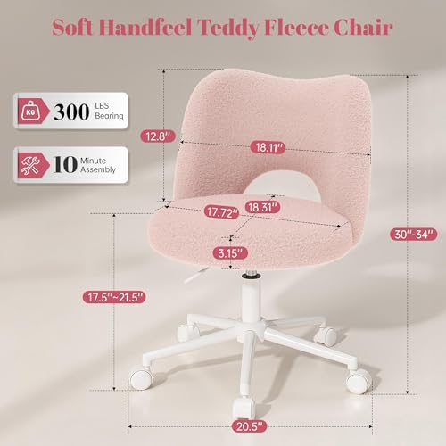 DurayLoly Vanity Chair with Open Back & Wheels,Armless,Pink | Armless,Sil...