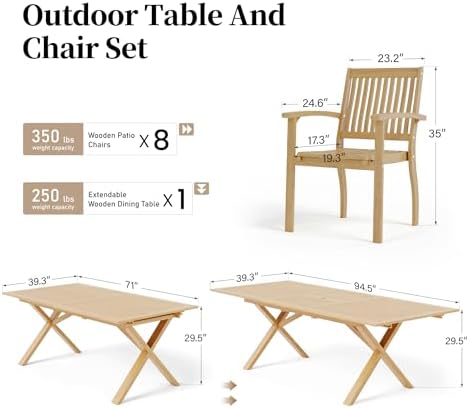SUNSHINE VALLEY Acacia Wood Patio Dining Set for 8, Expandable Table