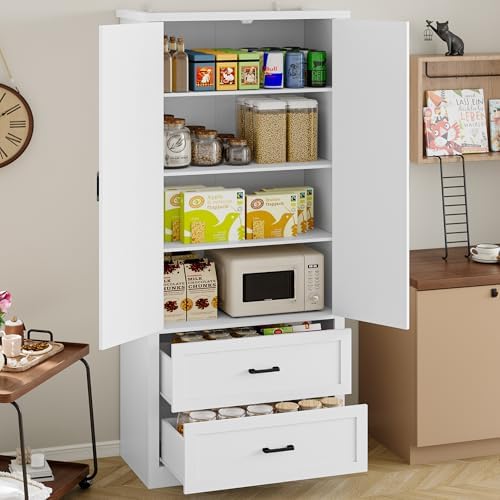 BORNOON Pantry Organizers and Storage Cabinet, 71” Barn Door White Kitchen Ca...