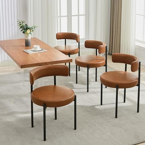 Faux Leather Dining Chairs Set of 4, Mid Century Modern, Brown