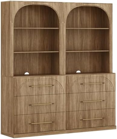 BELLEZE Display Storage Cabinet with Hutch Set of 2, 72" Tall Wood Moder...