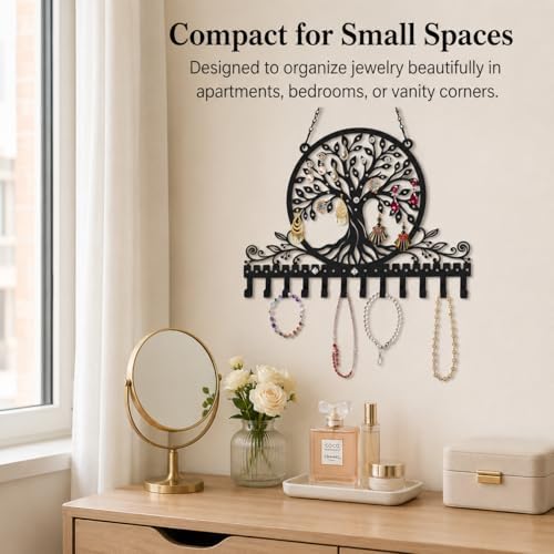 Personalized Tree of Life Wall Mounted Jewelry Organizer Metal Earring Holder Necklace Display Rack Decorative Jewelry Storage Hanger Space Saving Wall Decor for Bedroom Vanity Room Gift for Women