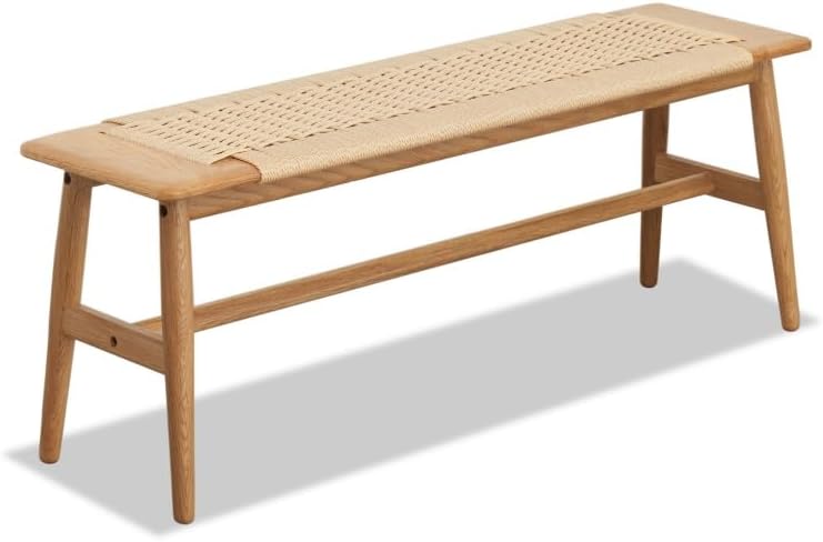 Wood Dining Bench with Hand Woven Rattan Seat, Farmhouse Entryway Bench for B...