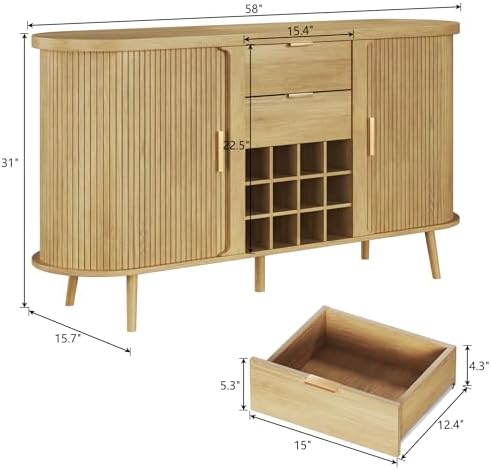 HUAHUU 58" Buffet Cabinet with Storage, Fluted Wine Bar Cabinet with Dra...
