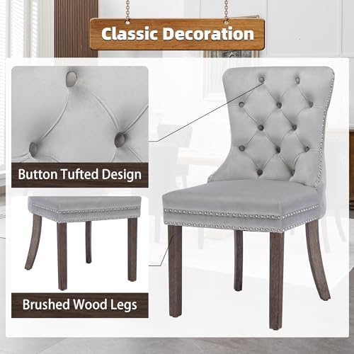 Velvet Dining Room Chairs Set of 2, Button Tufted, Wood Legs, Light Gray