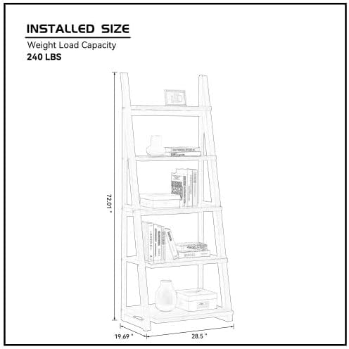 5-Tier Ladder Shelf, 72.01'' Tall Freestanding Storage Rack, Solid Wood Ladder Bookshelf, Stylish Space-Saving Bookcase for Living Room, Corner, Home Office, Grey+White