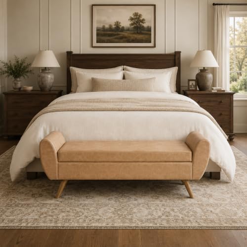 HomePop 60" Modern Storage Bench with Wood Legs - Sand Faux Leather