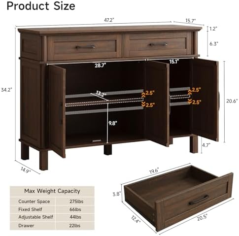 ONBRILL 48 Inch Buffet Cabinet with Storage, Brown