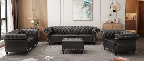 AVZEAR 84" Chesterfield Sofa 3-Seater, Classic Roll Arm PU Leather Couch...