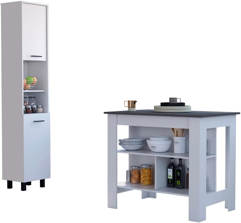 2-Piece Kitchen Set with Island and Pantry Cabinet | Includes 8 shelves and 2...