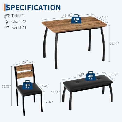 IDEALHOUSE 43'' Dining Table Set for 4, Wooden Kitchen Table with Uph...