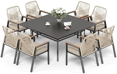 SUNSHINE VALLEY 9pc Patio Dining Set, 57.5" Square Table & 8 Rattan ...