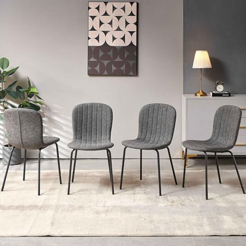 Dining Chair Set of 4, PU Leather Kitchen Chairs, Dark Grey | Black Metal Leg...