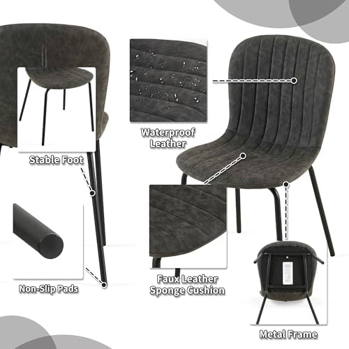 Dining Chair Set of 4, PU Leather Kitchen Chairs, Dark Grey | Black Metal Leg...