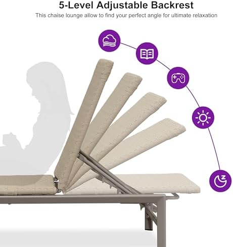 PURPLE LEAF Outdoor Chaise Lounge Chair Wood Grain Aluminum, Beige | 3-Year C...