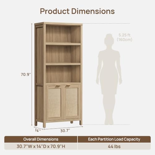 SICOTAS 71" Tall Bookcase 5 Tier Rattan Bookshelf with Doors for Library