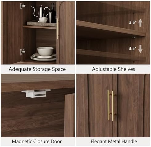 FORTUNETEC 67" Sideboard Buffet Cabinet with Storage, Arched Doors, Walnut