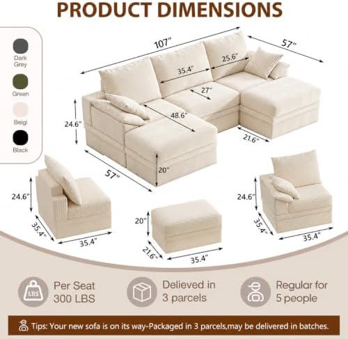107" Modular Sectional Sofa Couch with Storage,U-Shape 3 Seat Comfy Mode...