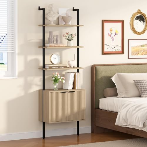 Yusong 73" Tall Bookshelf with Cabinet, Industrial Ladder Wall Mount She...