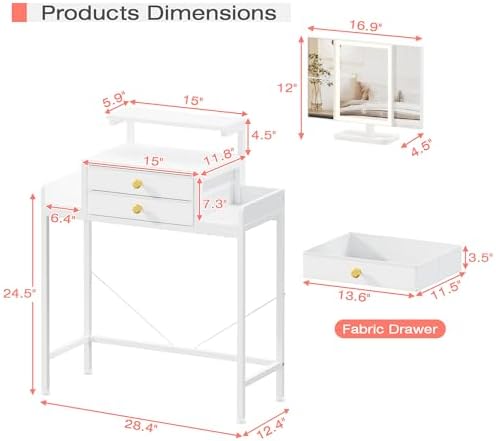 HIGDBFE Vanity Desk with Mirror and Lights 28.4''W Small Makeup Vanit...