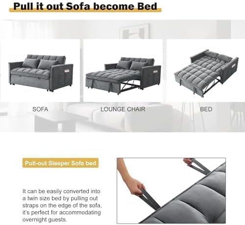 54'' Sleeper Sofa Bed, Convertible Pull Out Couch Futon with Side Pockets, Velvet Loveseat Sofa Bed with Adjustable Backrest, Armrest Pillows for Living Room Dorm Apartment, Dark Gray