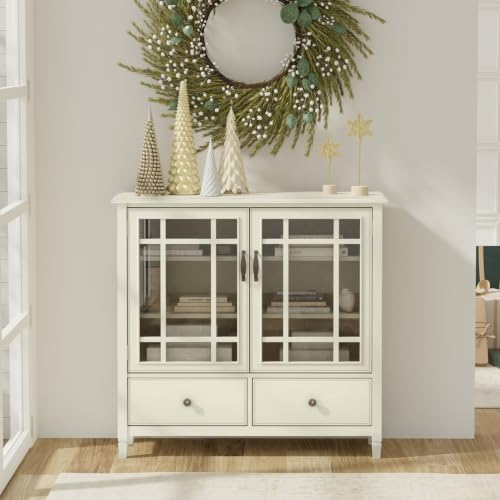 SIMPLIHOME Connaught 46" Wide Solid Wood Tall Cabinet in Antique White
