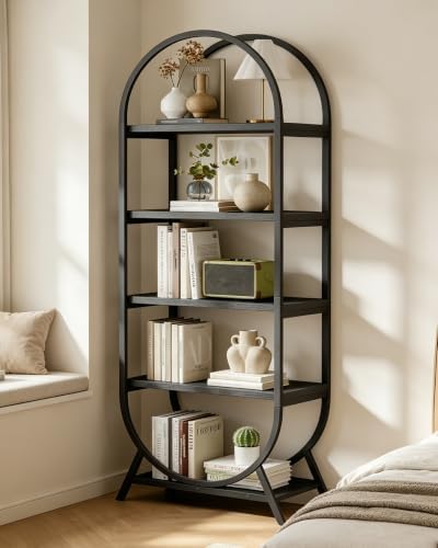 Bookshelf Arched Bookcase, Industrial 5 Tier Open Book Shelves with Metal Fra...