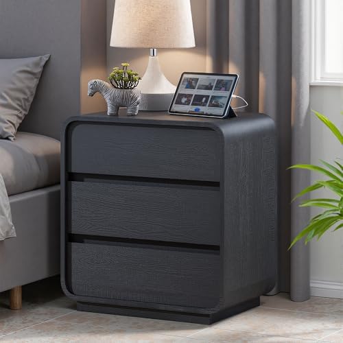 Standifurno Black Curved Night Stand Set of 2 with Charging Station, 25"...