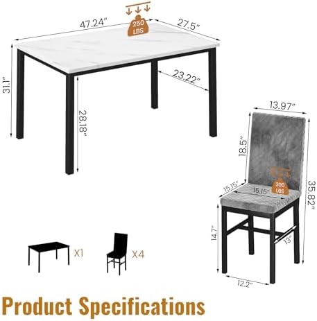 DKLGG Dining Table Set for 4, Faux Marble Kitchen Table with Velvet Upholster...