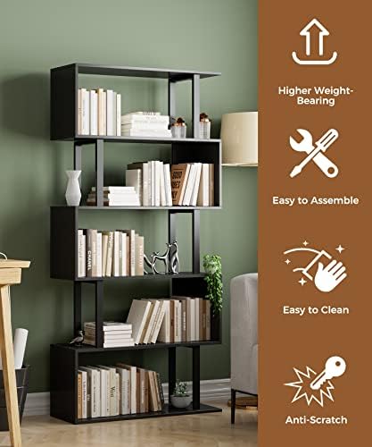 Gadroad 5-Tier Tall Bookshelf, S-Shaped Book Shelf Unit, Black