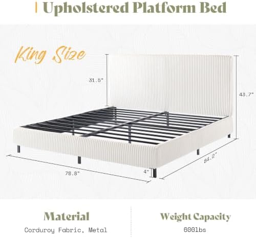 AMERLIFE King Bed Frame, Upholstered Metal Platform Bed, Cream