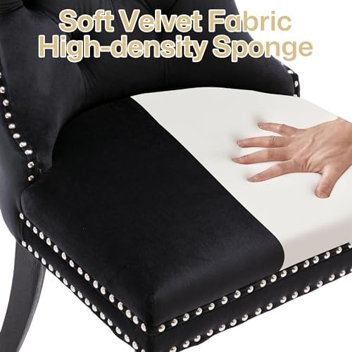 Velvet Dining Chairs Set of 6 with Wood Legs and Pull Ring, Black