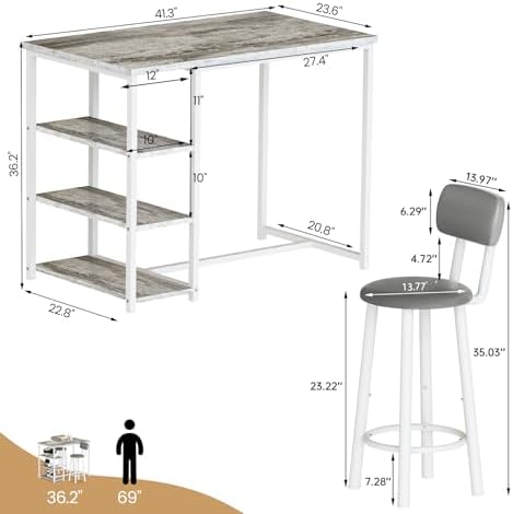 Recaceik Pub Dining Table Set for 2, Table and Bar Stools with 3 Storage Shel...