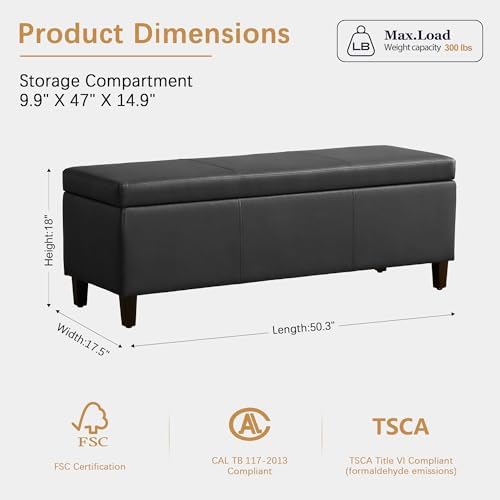 HUIMO Faux Leather Storage Ottoman Bench 50.3 Inch Extra Long PU Upholstered ...