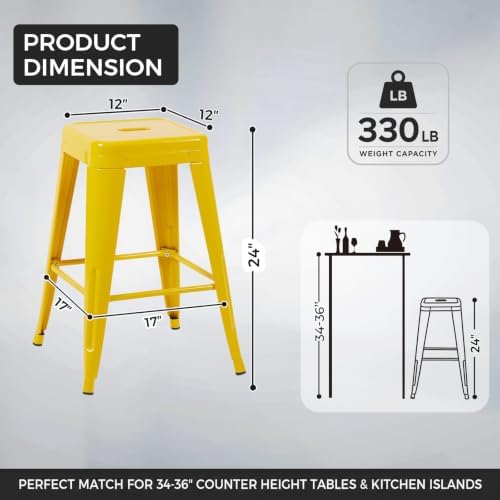24 Inch Yellow Metal Counter Stools, Set of 6, Backless