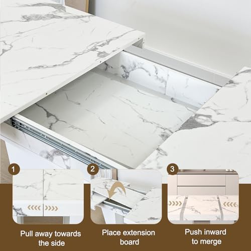 63"-78.74" White Faux Marble Extendable Dining Room Table Set for 6...