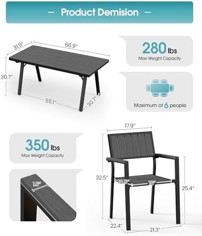 Aluminum Outdoor Dining Set of 6, Patio Table and Stackable Chairs, Grey