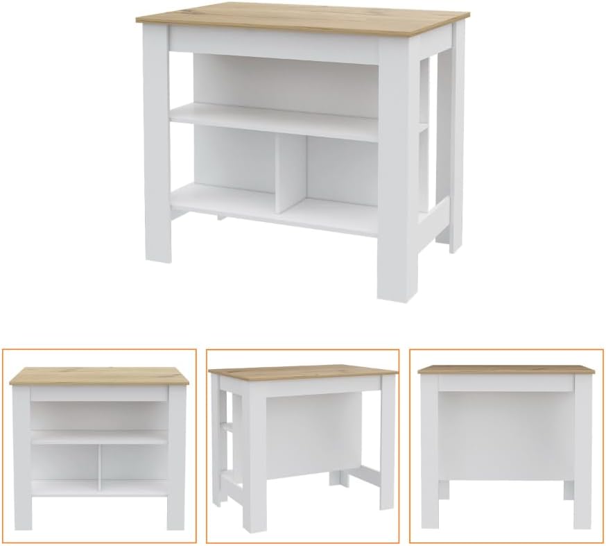 2 Piece Kitchen Set with Island and Pantry Cabinet, White/Light Oak | Include...