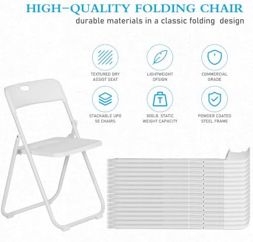 10 Pack White Plastic Folding Chairs, Lightweight Foldable Chair | 300lb Capa...